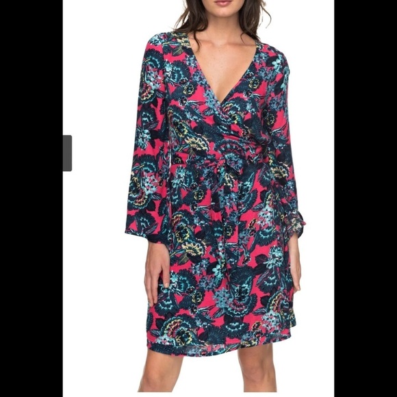 ROXY WOMENS FLORAL PRINT PINK/BLUE LONG SLEEVE WRAP DRESS SIZE S - Picture 1 of 15